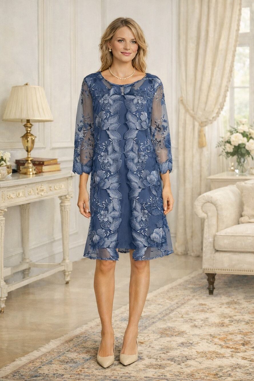 Alex Evenings Floral Embroidered 3/4 Sleeve Dress Size 12 Navy Mother of Bride